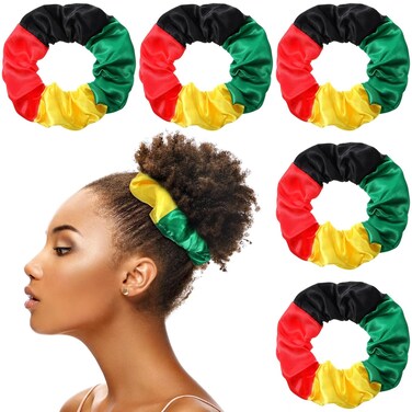 6 Pcs Hair Scrunchies African Black History Month Jamaica Hair Ties Satin Elastic Band Green Black Yellow Red Scrunchies Ties Ropes for Women Juneteenth Rasta Accessories