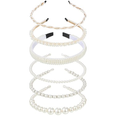 Geosar 6 Pieces Pearl Headband Girls White Bling Faux Pearl Rhinestones Hairband Bridal Headband Wedding Hair Accessories for Women Girls Bridal Bridesmaid