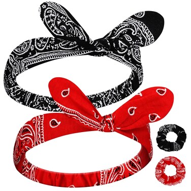 Hoteam 2 Set Bandana Headband and Scrunchies for Women and Girls, Elastic Paisley Headbands Paisley Bandana Hair Tie Knot Retro Adjustable Headwrap(Red,Black)