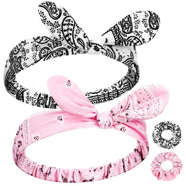 Hoteam 2 Set Bandana Headband and Scrunchies for Women and Girls, Elastic Paisley Headbands Paisley Bandana Hair Tie Knot Retro Adjustable Headwrap(White,Pink)