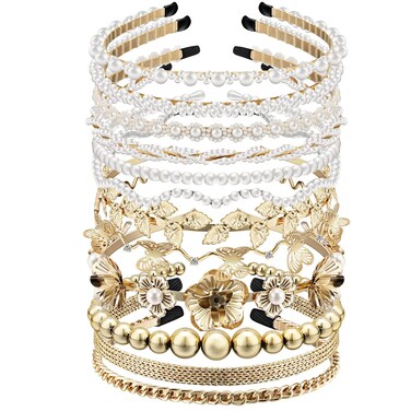 12 Pcs Pearls Headband Rhinestones Hairbands Faux Pearl White Bridal Headband Gold Alloy Flower Head Band Metallic Butterfly Hair Hoop Headband Wedding Hair Accessories for Women, 12 Styles