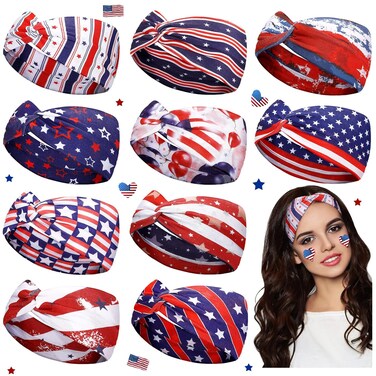 10 Pcs American Flag Red, White &amp; Blue Headbands - Patriotic USA Twisted Stretchy Athletic Hair Accessories for 4th of July, Independence Day, Memorial Day Gifts for Girls