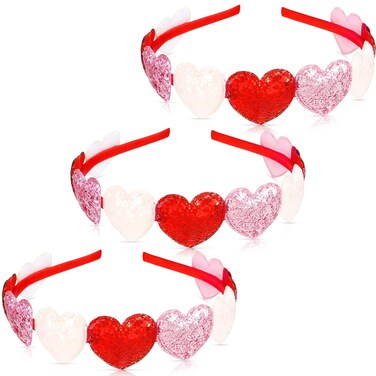 MTLEE 3 Pcs Valentines Day Heart Headbands Glitter Bling Headwear Sequin Hair Accessories Cute Headband Colorful Red Heart Hairband for Women Holiday Supplies
