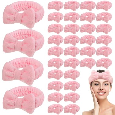 Riceshoot 36 Pcs Spa Headband Bulk Facial Makeup Bow Skincare Flannel Fleece Elastic Soft Face Wash Headband for Hair Wrap Yoga Sports Shower Women(Pink)