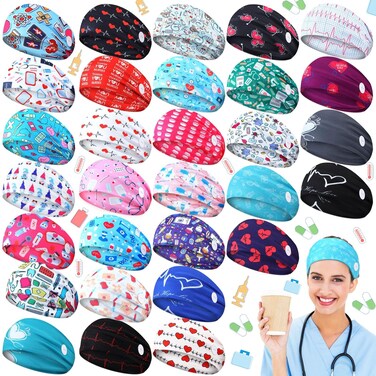 Tigeen 30 Pcs Nurse Headbands for Women Non Slip Nursing Headbands with Buttons for Mask Accessories for Work Elastic Ear Protection Headband Hair Bands for Nurse Cna Gift Medical Accessories