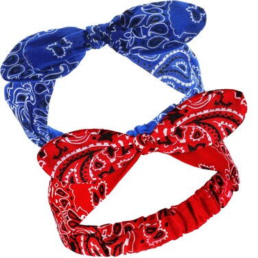 Hicarer 2 Pieces Bandana Headband for Women, Knot Retro Print Bandana Paisley Print Headband Adjustable Headwrap(Red, Blue)