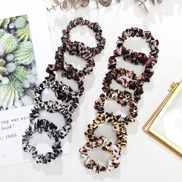 24 Pieces Satin Hair Scrunchies Leopard Scrunchy Silk Elastic Bands Set Skinny Hair Ties Ropes Ponytail Holder for Women Accessories Decorations, 12 Styles