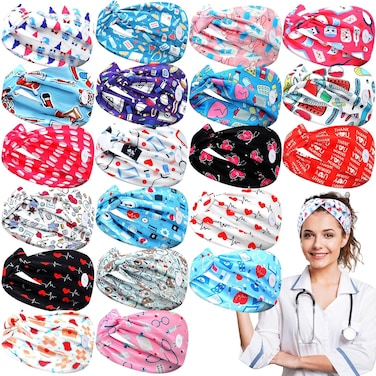Jexine 20 Pcs Women Nurse Headbands with Button Wide Headbands for Mask Non Slip Elastic Ear Protection Christmas Gift for Nurses Doctors Sweatband Medical Nursing Hairband Workout Yoga Turban