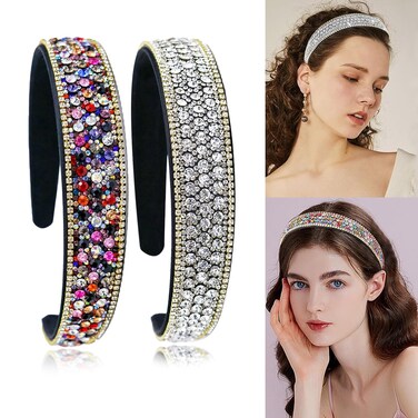 2 Pieces Gorgeous Rhinestone Headbands Fashion Hair Accessories Glitter Sparkly Crystal Diamond Headbands for Girls Women(Silver, Rainbow)