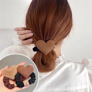 AIUPUOC Valentine Khaki Velvet Heart Hair Ties for Women Heart Hair Scrunchies Korean Hair Rope Headwear Elastic Rubber Hair Bands Hair Accessories for Girls High Ponytail Holders Rubber Band 2Pcs