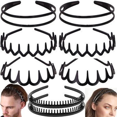 8 PCS Fashion Effortless Plastic Headbands with Teeth Comb Black Skinny Headbands No Slip Hair Accessories Bands for Women Men Teen Girls, Lacquered Black