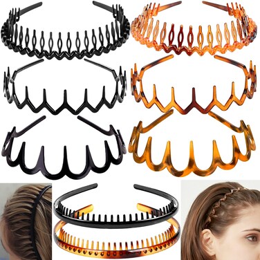 8 PCS Fashion Effortless Plastic Headbands with Teeth Comb Black Skinny Headbands No Slip Hair Accessories Bands for Women Men Teen Girls, Leopard&amp;Bright Black
