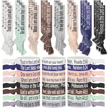 48 Pcs Christian Gifts for Women Bible Verses Ribbon Hair Ties Motivational Religious Bracelet Bulk Inspirational Elastic Ponytail Holder Wristbands Christians Bible Gift(Multicolor,Bohemian)