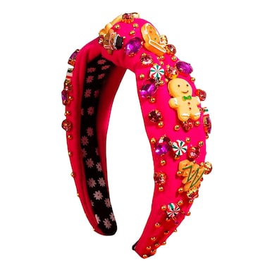 Christmas Headband for Women Jeweled Xmas Tree Headband Embellished Crystal Diamond setting Knotted Headbands Wide Top Knot Holiday Headband Christmas Hair Accessories Holiday Gift (Rose red)