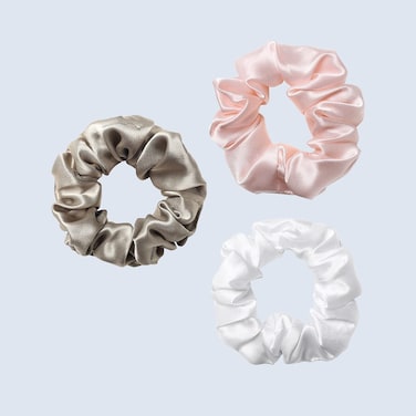ZIMASILK 100% Mulberry Silk Hair Scrunchies Best for Women and Girls&rsquo;Hair 19 Momme Silk Elastic Hair Bands for Ponytail Holder Gentle and No hurt (3 Pack, Taupe, Pink, White)