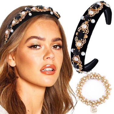 Baroque Wide Headbands Black Rhinestones Hairband with Beaded Hair Ties Crystal Pearl Hair Hoop for Women (Type A)
