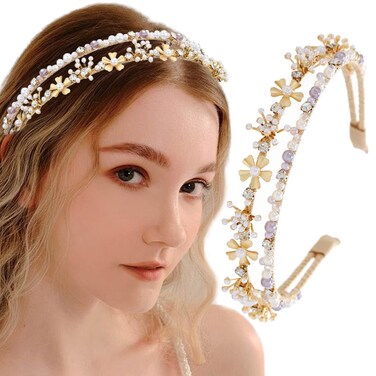 Gold Double Headbands Gray Pearls Hair Bands Bling Crystal Rhinestones Head Bands Bride Wedding Diamond Hair Hoop for Women