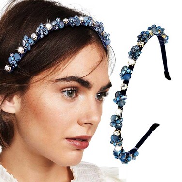 Thin Headbands Blue Rhinestones Hair Bands Bling Crystal Beaded Head Bands for Women(Blue)