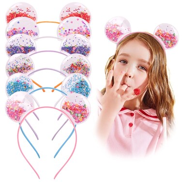 Fishdown 6Pcs Bear Ear Headbands for Kids Girls Baby Girl Sequin Hairbows Headband with Glitter Party Decoration Hair Hoop