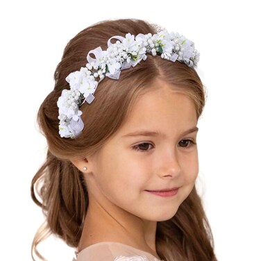 Campsis Girls Headpiece Flower Headbands Pearl Communion Hair Accessories Crystal Girls Birthday Photography Hair Band for Women and Girls(White)