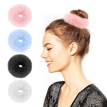 4 Pieces Fuzzy Scrunchies,Furry Fluffy Faux Fur Scrunchies,Pom Pom Hair Tie for Women Girls,Ponytail Holders Cute Elastic Pompom Hair Accessories Rabbit Furry Wristband Ropes Hair Band Set(4 Colors)