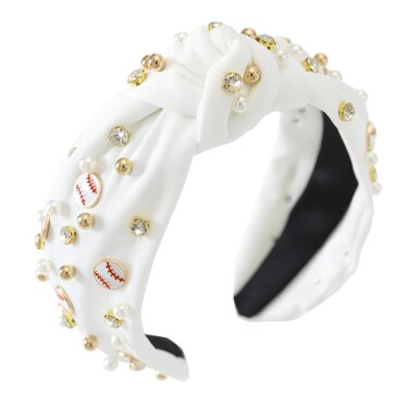 Baseball Headbands for Women Pearl Crystal Knotted Headband Bejeweled Baseball Charm Embellished Headband Wide Knot Sports Headpiece Game Day Hair Accessories White