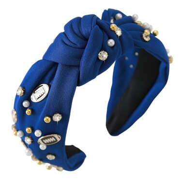 Football Knotted Headband Pearl Rhinestone Game Day Headbands for Women Top Knot Beaded Jeweled Headband Wide Twist Sports Fan Hairband Football Hair Accessories Royal Blue