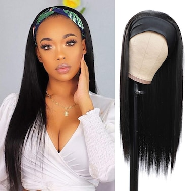 G&amp;T Headband Wig for Women Black Straight Synthetic Headband Wig Glueless Heat Resistant Natutal Looking for Daily Party Use 24 Inch