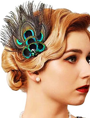 1920s Flapper Headband Peacock Feather Hair Clip Rhinestone Cocktail Hair Accessories for Women and Girls (Style 2)