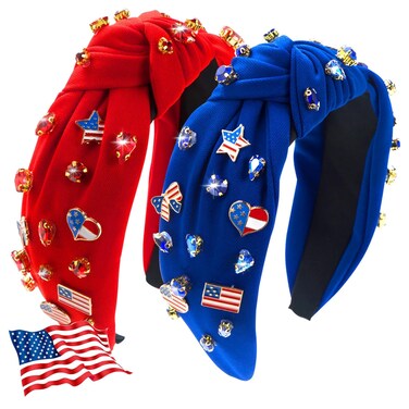 2Pcs 4th of July Headband for Women, Rhinestone Knotted Design with USA Flag Heart Hair Hoop, Patriotic Independence Day Holiday Wide Hair Accessory with Jeweled Crystal (Red&amp;Blue)