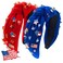 2Pcs 4th of July Headband for Women, Rhinestone Knotted Design with USA Flag Heart Hair Hoop, Patriotic Independence Day Holiday Wide Hair Accessory with Jeweled Crystal (Red&amp;Blue)
