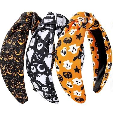 3Pcs Halloween Headbands for Women - Pumpkin Holiday Orange Knot Hair Hoops, Festive Gift Hair Accessories (Ghost)