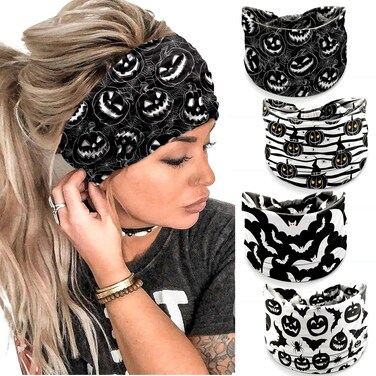 4Pcs Halloween Headbands for Women - Black White Pumpkin Bat Wide Holiday Hair Bands, Festive Gift Hair Accessories (Black)