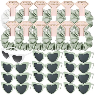 Satin Bridesmaid Scrunchies Bachelorette Hair Ties Set of 12 sunglasses Bridal Shower No Damage Hairties ideas Gift for Wedding Party Favors Bridesmaid Proposal Gifts (White&amp;Sage Green)