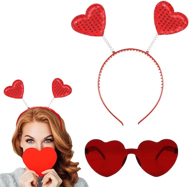 Glitter Heart Headband Red Heart Shaped Sunglasses Heart Hair Band with Sequins Shinny Headwear for Women Girls Valentine&rsquo;s Day Wedding Birthday Bridal Shower Halloween Costume Accessories