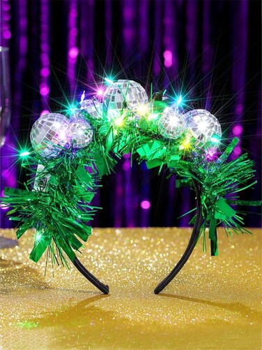 Uranian Light Up Disco Ball Headbands Mirror Balls Hair Bands LED Green Tinsel Hair Hoop Festival 70s Party Costume Hair Accessories for Women