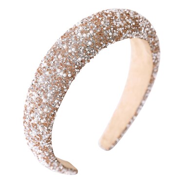 Pearl Rhinestone Women Headband Fashion Bling Beaded Crystal Diamond Headband Glitter Bejeweled Padded Hairband Holiday Girls Headpiece Sparkle Hair Accessories C-Champagne