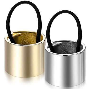 Chuangdi 2 Pcs Ponytail Hair Ties Hair Cuff Holder Rings for Women Gothic Punk Headwear Accessories Including Cuff Metal Circle Band Rope Elastic Clip(Gold, Silver)