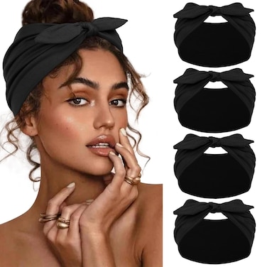 Huachi 4 Packs Black Bow Headbands for Women Girls, Wide Head Bands for Women's Hair Non Slip Soft Elastic Hair Bands, African Thick Workout Gym Turban Bandanas Head Wraps Hair Accessories