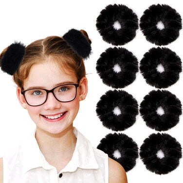 Fuzzy Scrunchies 8 PCS Black Hair Ties Cute Hair Bands with Faux Rabbit Fur Elastic Hair Ties Hair Bobbles Ponytail Holders Girls Women Hair Accessories