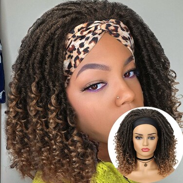 Dreadlock Braided Wigs with Headband Synthetic Goddess Faux Locs Hair Wig with Curly Ends Freetress Twist Crochet Hair Wigs For Black Women and Men (Ombre/27, Heandband)