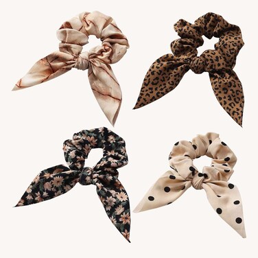 4 Pack Leopard Hair Scarf Scrunchies Hair Ribbon Bow Scrunchies Long Elastic Hair Bands Rope Scrunchy 2 in 1 Chiffon Soft Ponytail Holders for Women Girls (Brown)