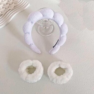 spa headband for women and girls. Bubble skin care headband, makeup hair band set with wristbands, and a fluffy hair claw for face cleaning. (White)
