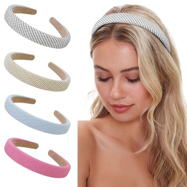 WOVOWOVO 4 Pack Headbands for Women,1 Inch Wide Sponge Headbands Padded Soft Fabric Head Bands Thick Non Slip Fashion Cute Twill Plaid Hair Bands for Girls Hair Accessories