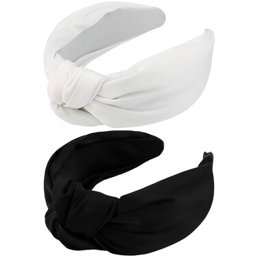 VELSCRUN 2 Pcs Wide Knotted Headbands for Women - Black &amp; White Solid Head Bands for Top Knots, Washing Face, Gifts