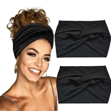 Hexchasty 2Pcs Turban Headbands for Women Thick Fashion Boho Stretchy Cute Extra Wide large Headbands Fabric Knotted Cloth Twisted Headband Head Wraps for Womens Girls Yoga Black