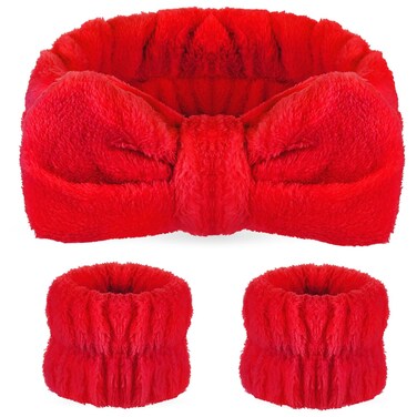 Hanaive 3 Pcs Face Wash Headband Wristband Set for Women Spa Bow Skincare Headband Soft Makeup Wrist Towel for Washing Face Hair Supplies(Red)