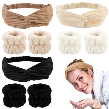 YISSION 9Pcs Face Wash Headbands and Wristbands Set Spa Twist Headband Makeup Knotted Hairband Skincare Headbands with Wristbands for Women Girls Washing Face(Beige Brown Black)
