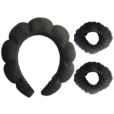 Fashion Spa Headband Wristband Set for Washing Face Get Ready Hairband Sponge Makeup Skincare Headband Wrist Band Soft Hairband for Women Girls Puffy Headwear Non Slip Black