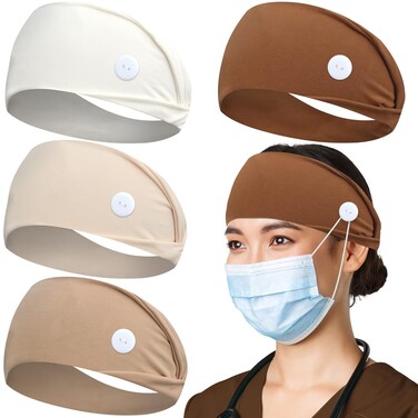 HoogaLife 4pcs Headbands with Buttons, Nurse Gifts for Women Turban Non-Slip Nurse Accessories Nursing Headbands Protect Your Hair and Ears - Milk Coffee